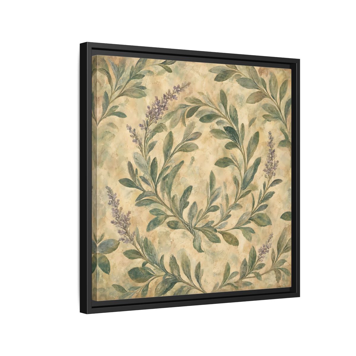 Side Mockup 12. Antique Fresco Painting Sage Stems With Soft Green Leaves shown as stretched canvas wall art