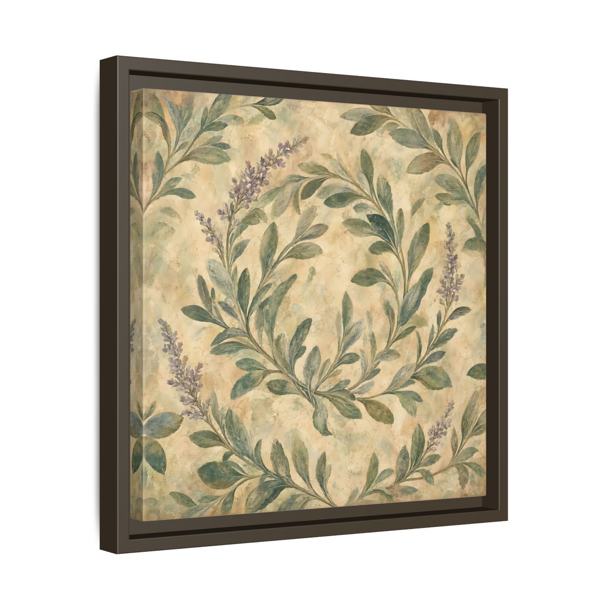 Side Mockup 29. Antique Fresco Painting Sage Stems With Soft Green Leaves shown as stretched canvas wall art