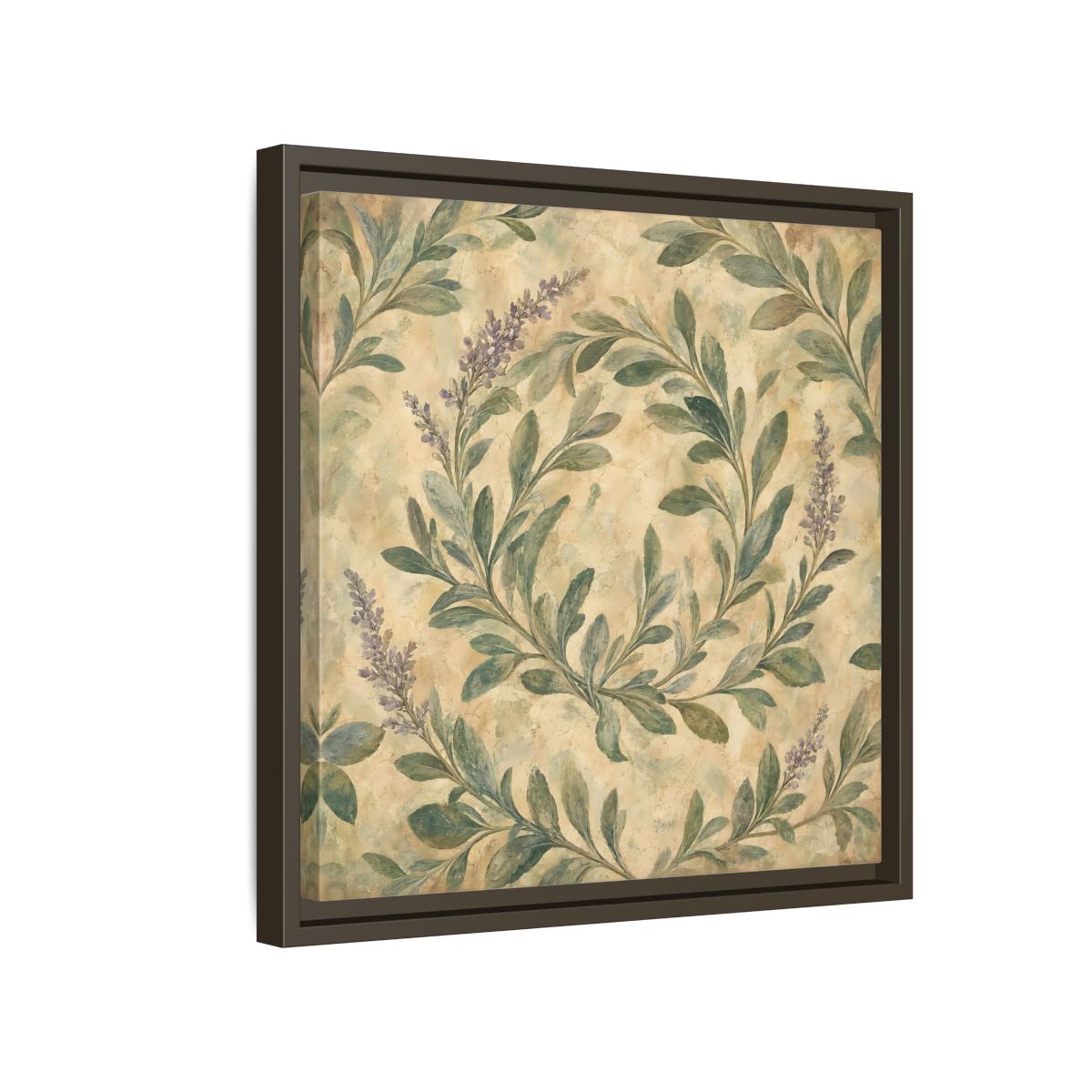 Side Mockup 14. Antique Fresco Painting Sage Stems With Soft Green Leaves shown as stretched canvas wall art