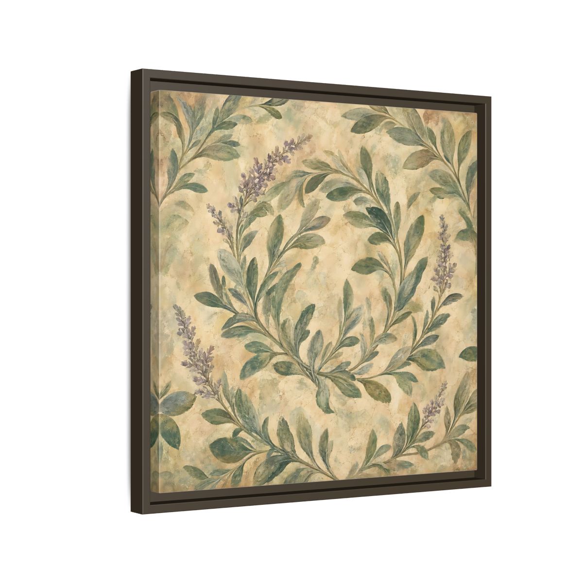 Side Mockup 11. Antique Fresco Painting Sage Stems With Soft Green Leaves shown as stretched canvas wall art