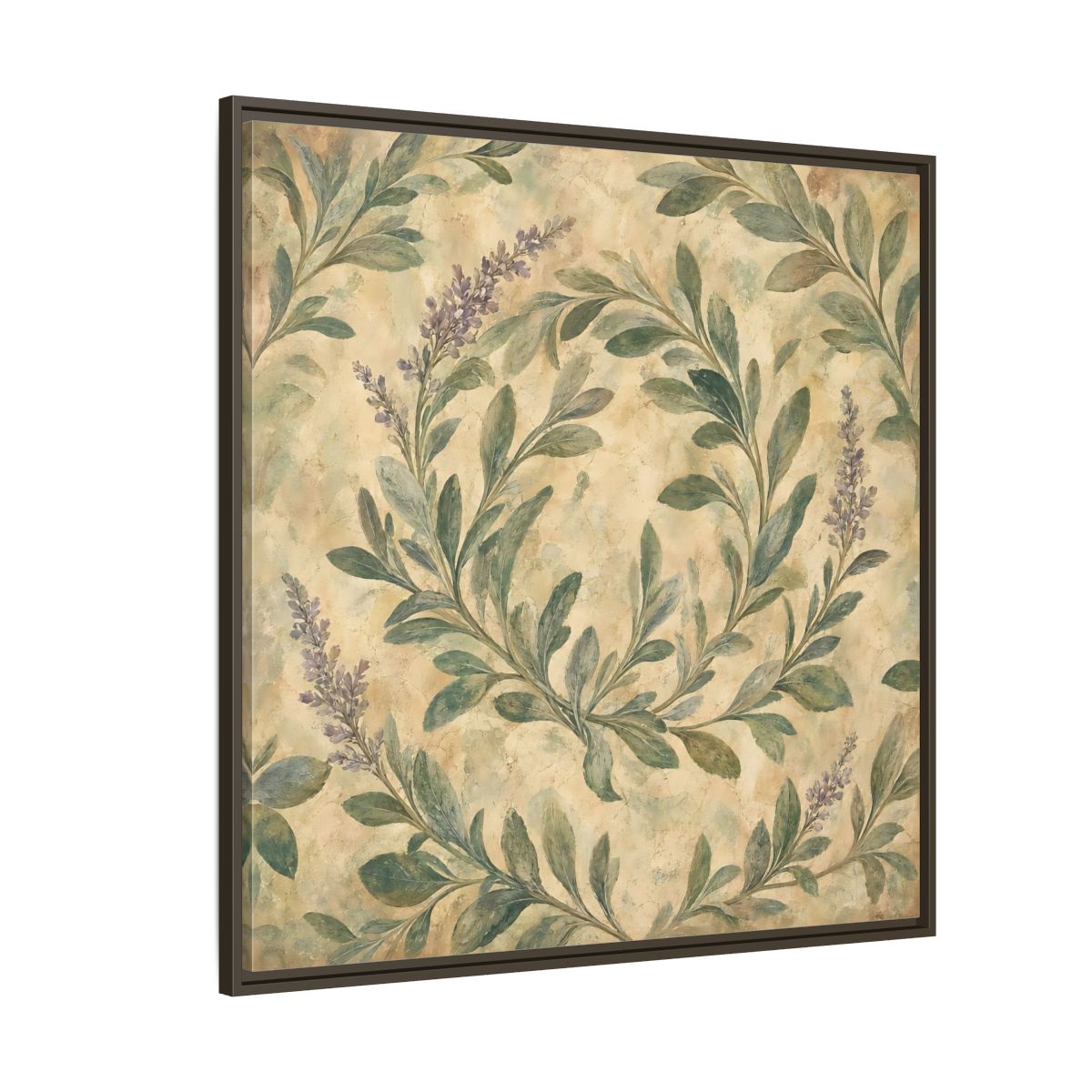 Side Mockup 5. Antique Fresco Painting Sage Stems With Soft Green Leaves shown as stretched canvas wall art