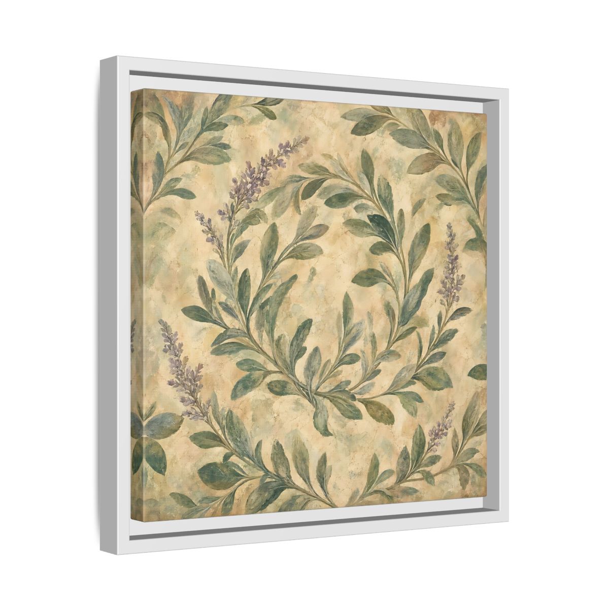 Side Mockup 28. Antique Fresco Painting Sage Stems With Soft Green Leaves shown as stretched canvas wall art