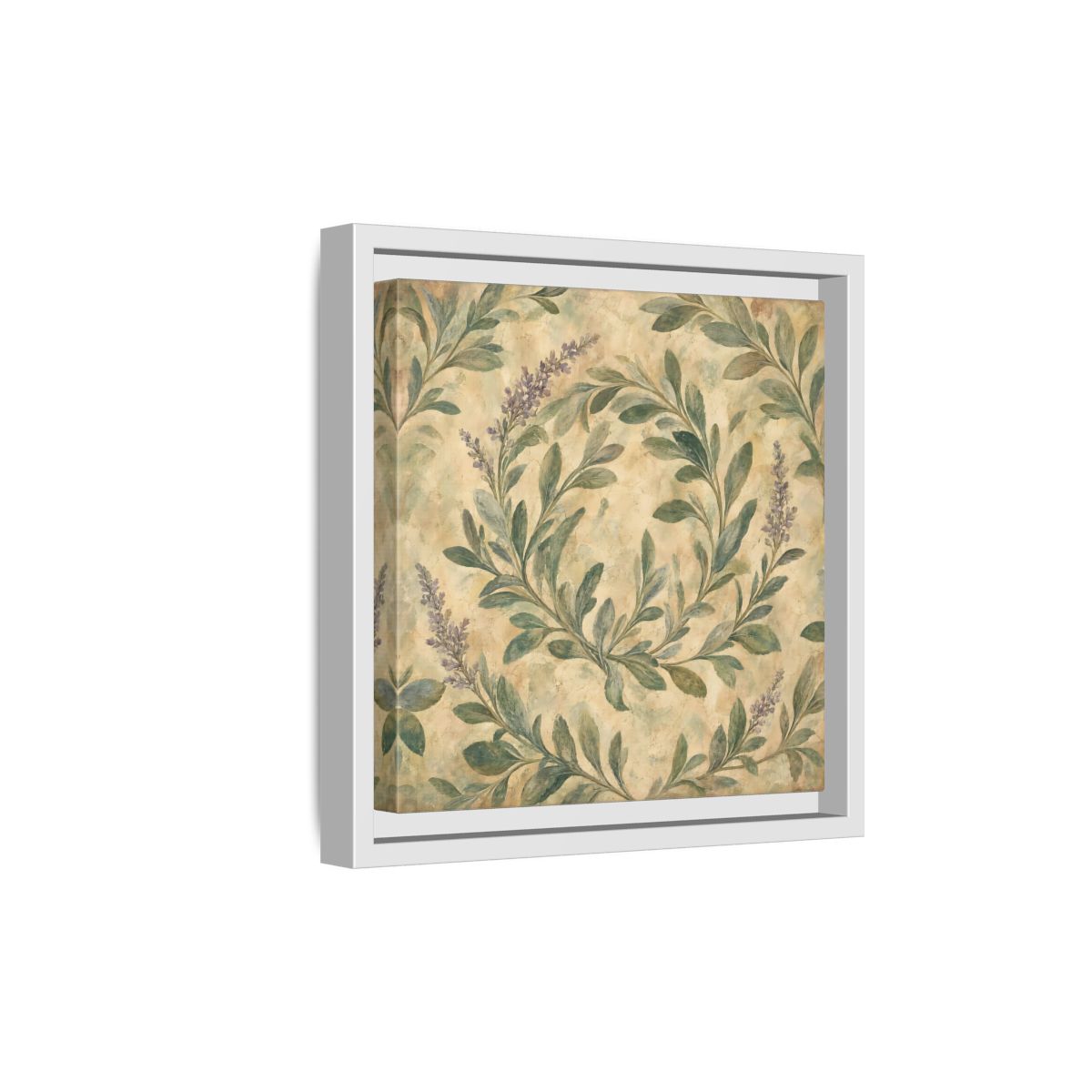 Side Mockup 19. Antique Fresco Painting Sage Stems With Soft Green Leaves shown as stretched canvas wall art