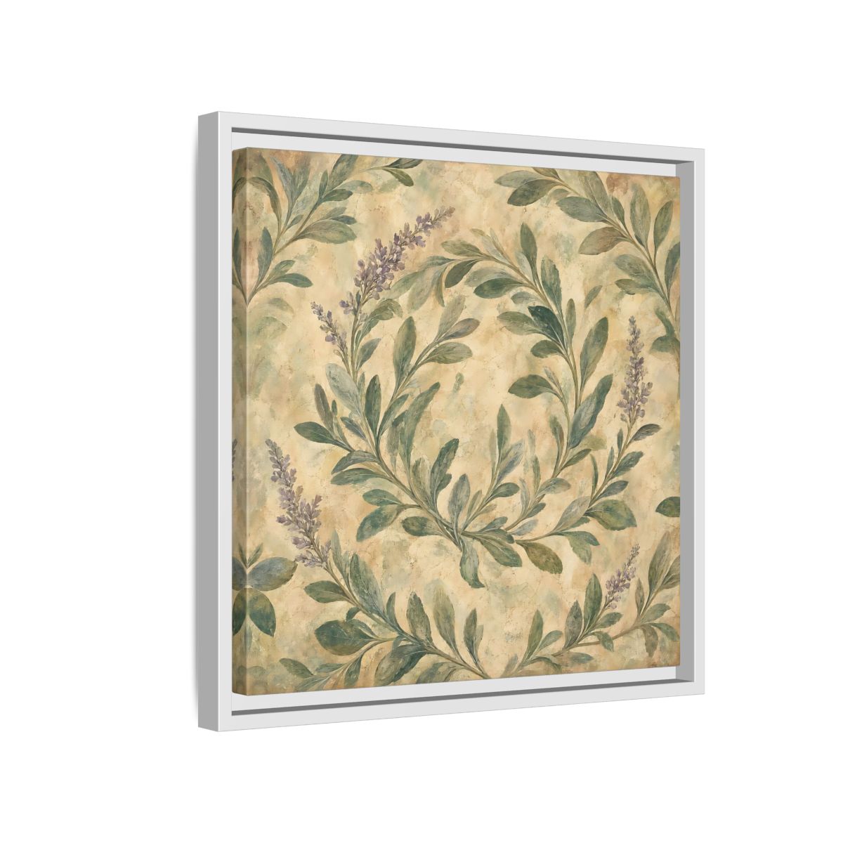 Side Mockup 13. Antique Fresco Painting Sage Stems With Soft Green Leaves shown as stretched canvas wall art
