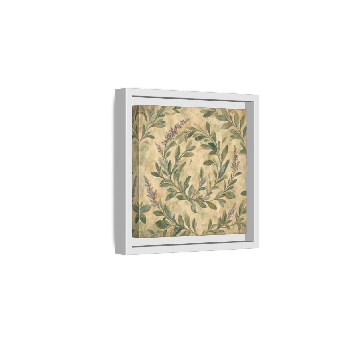 Side Mockup 1. Antique Fresco Painting Sage Stems With Soft Green Leaves shown as stretched canvas wall art