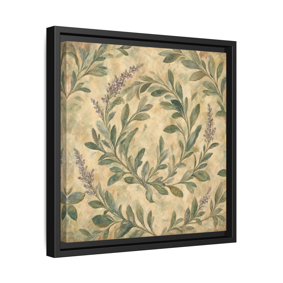 Side Mockup 32. Antique Fresco Painting Sage Stems With Soft Green Leaves shown as stretched canvas wall art
