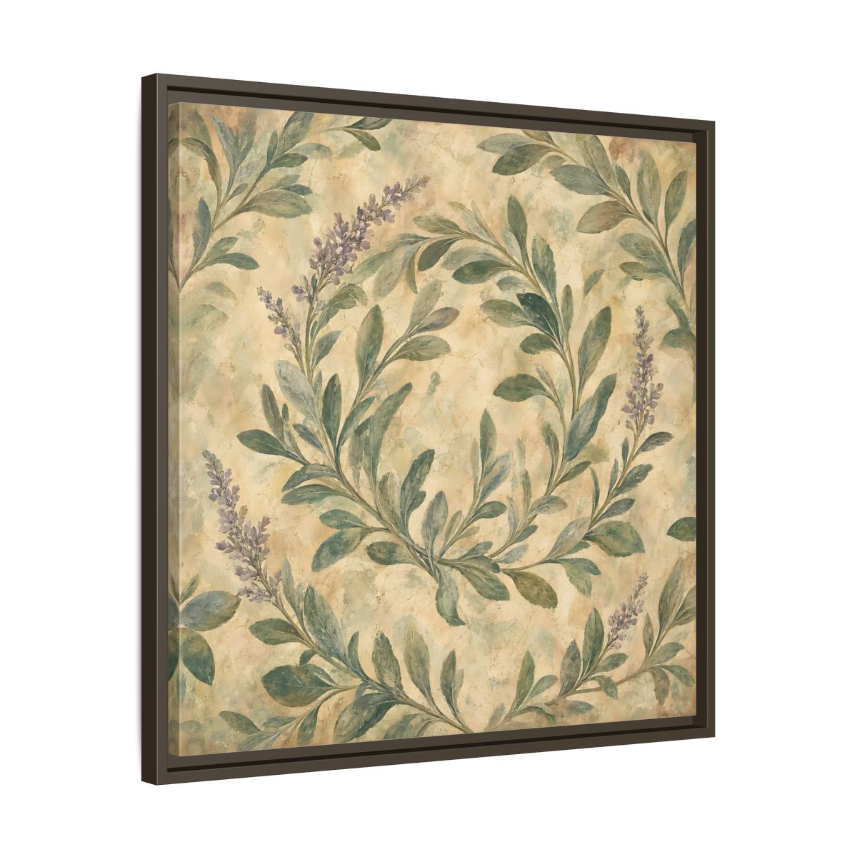 Side Mockup 27. Antique Fresco Painting Sage Stems With Soft Green Leaves shown as stretched canvas wall art