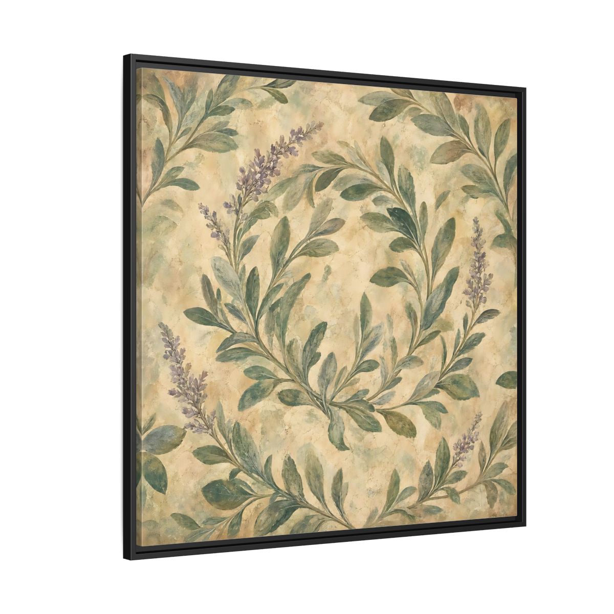 Side Mockup 6. Antique Fresco Painting Sage Stems With Soft Green Leaves shown as stretched canvas wall art
