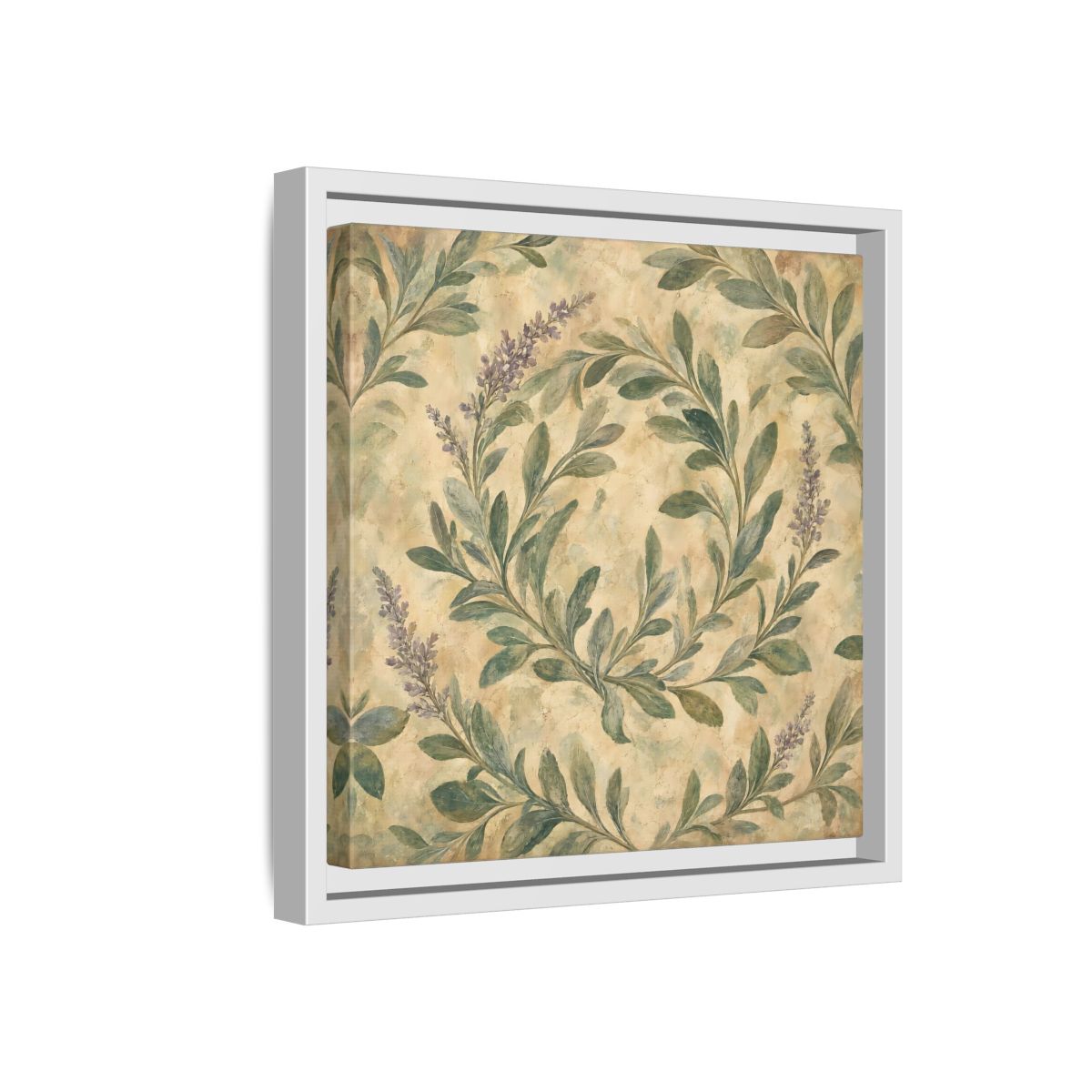 Side Mockup 16. Antique Fresco Painting Sage Stems With Soft Green Leaves shown as stretched canvas wall art