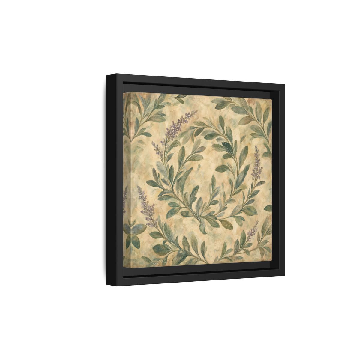 Side Mockup 21. Antique Fresco Painting Sage Stems With Soft Green Leaves shown as stretched canvas wall art