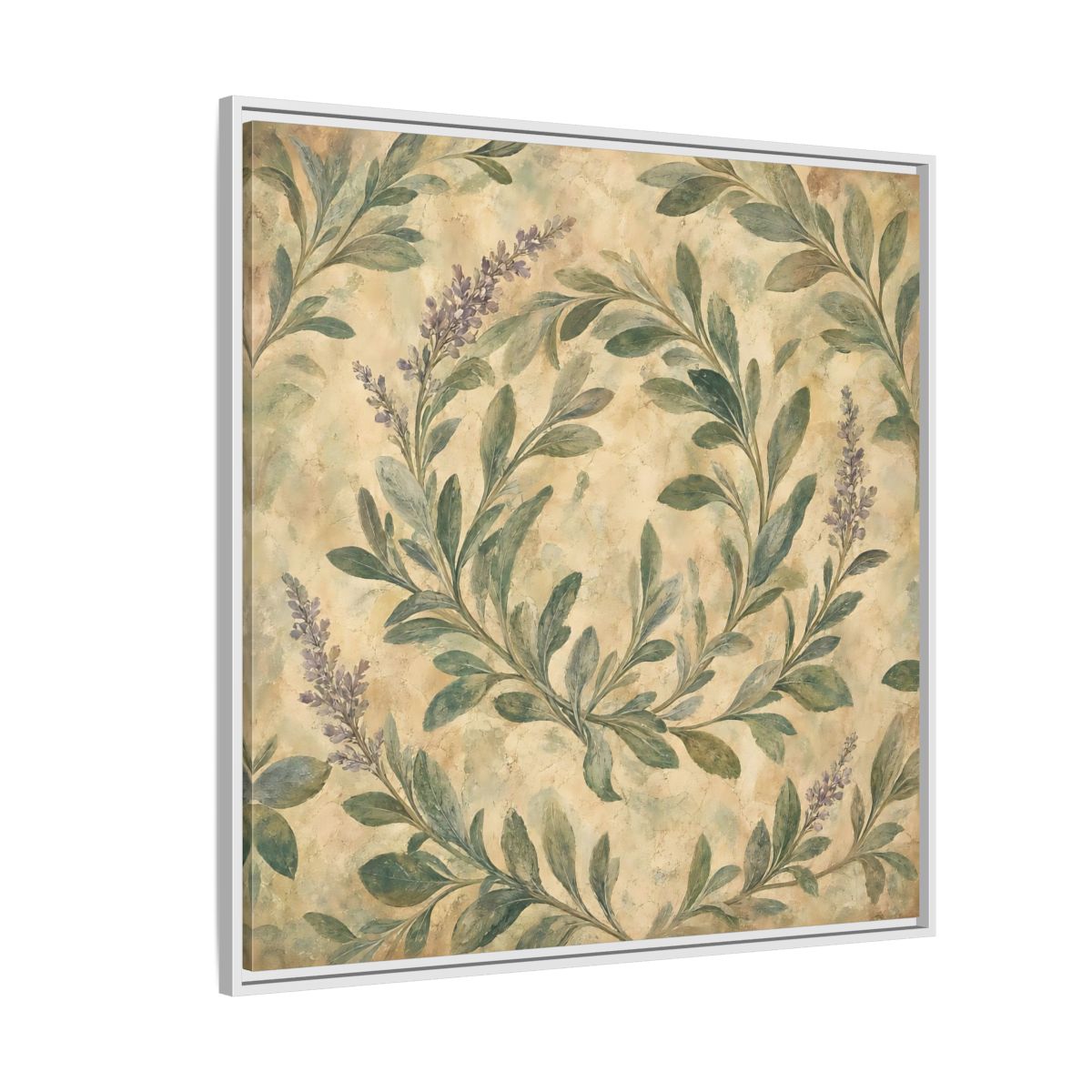 Side Mockup 4. Antique Fresco Painting Sage Stems With Soft Green Leaves shown as stretched canvas wall art