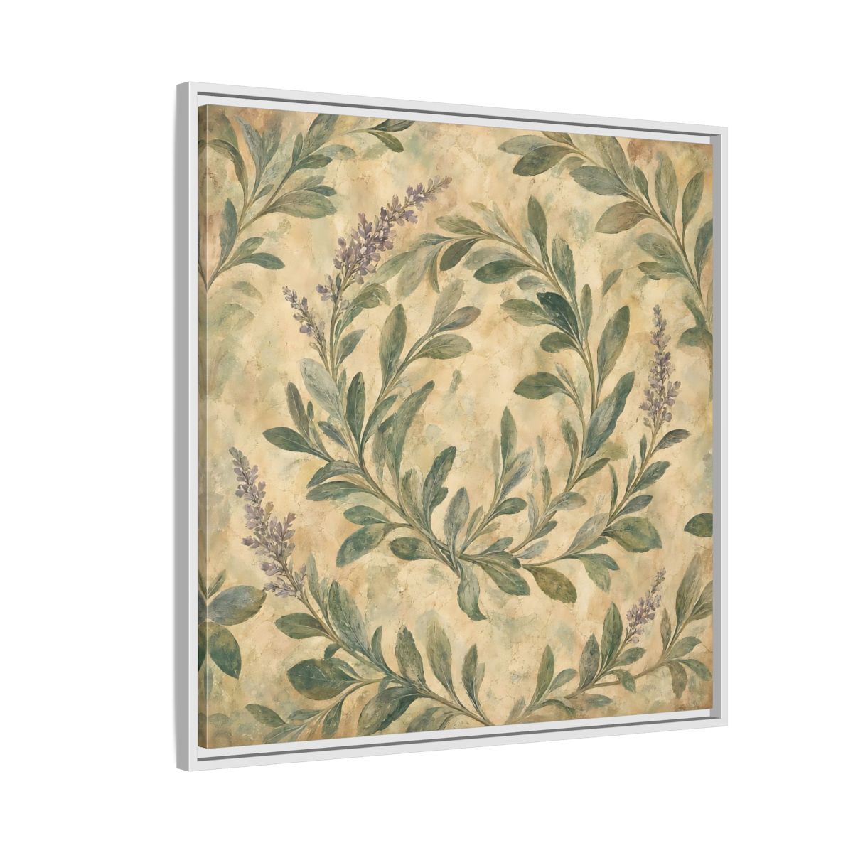 Side Mockup 7. Antique Fresco Painting Sage Stems With Soft Green Leaves shown as stretched canvas wall art