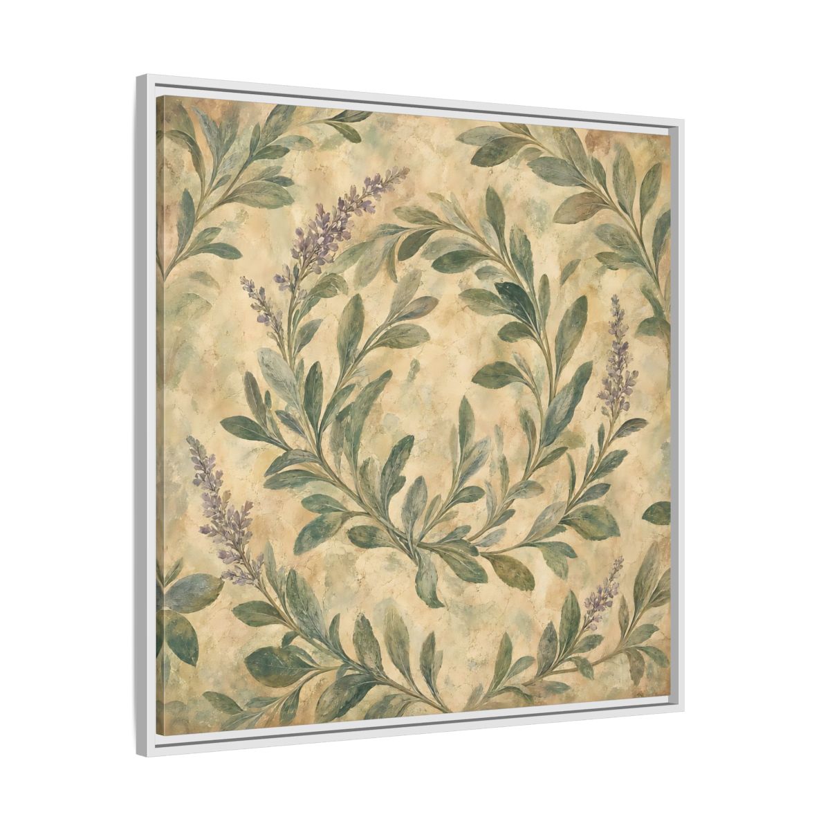 Side Mockup 25. Antique Fresco Painting Sage Stems With Soft Green Leaves shown as stretched canvas wall art