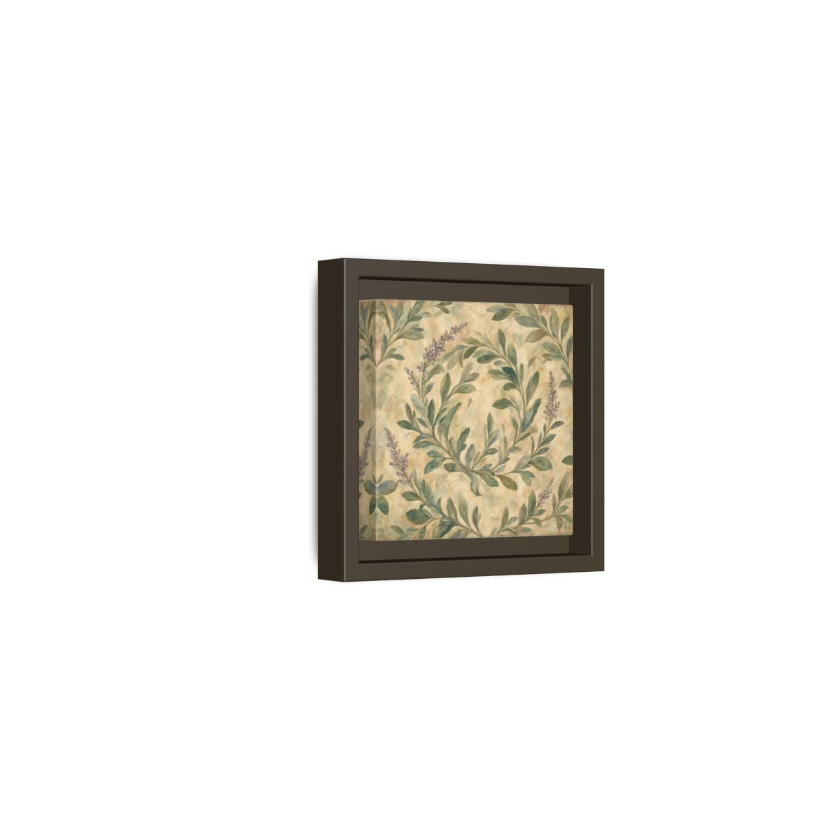 Side Mockup 23. Antique Fresco Painting Sage Stems With Soft Green Leaves shown as stretched canvas wall art