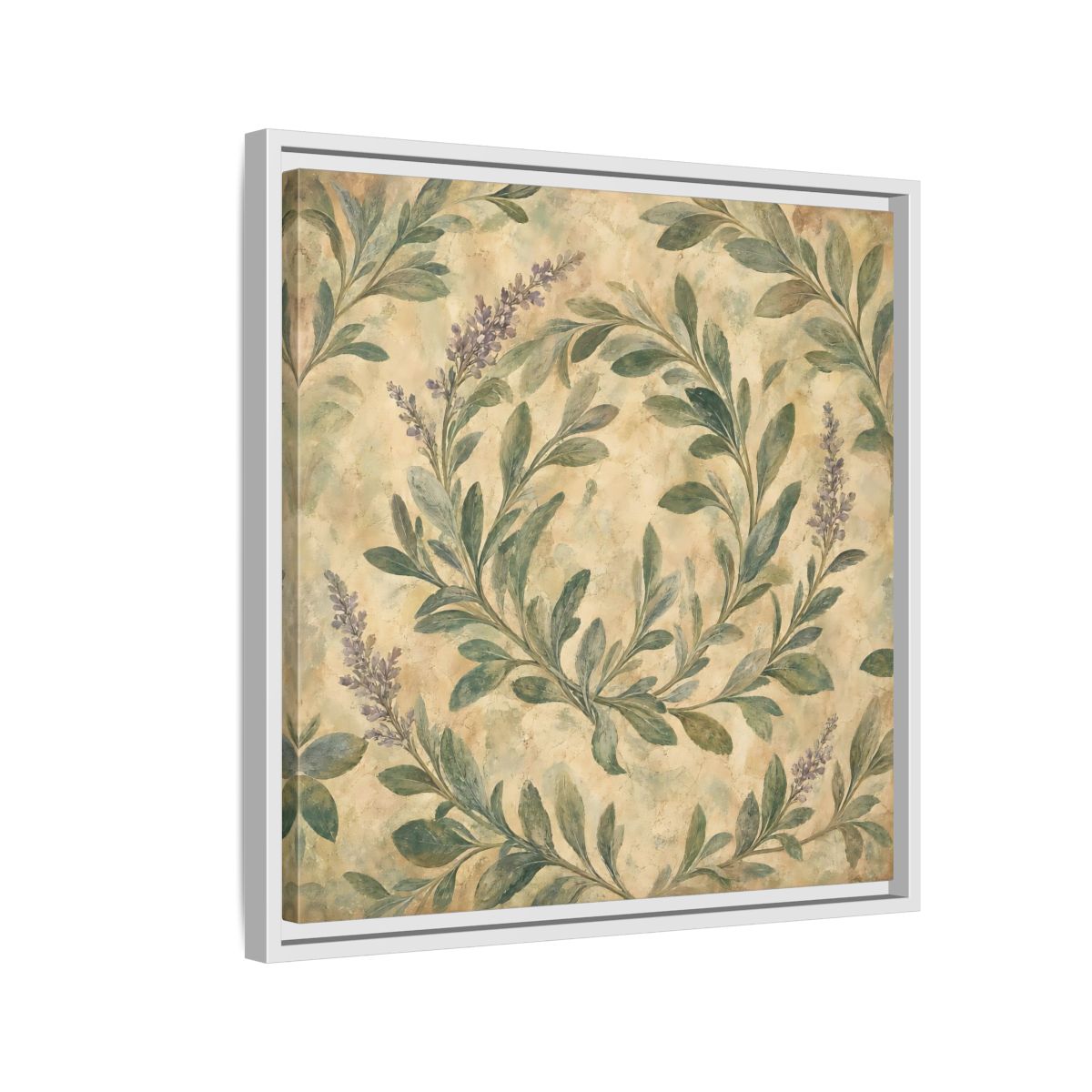 Side Mockup 10. Antique Fresco Painting Sage Stems With Soft Green Leaves shown as stretched canvas wall art