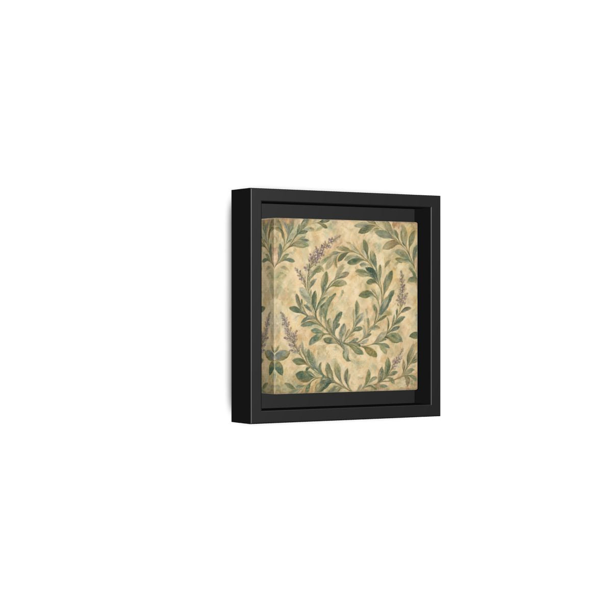 Side Mockup 24. Antique Fresco Painting Sage Stems With Soft Green Leaves shown as stretched canvas wall art