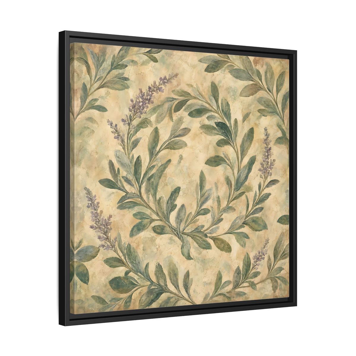 Side Mockup 31. Antique Fresco Painting Sage Stems With Soft Green Leaves shown as stretched canvas wall art