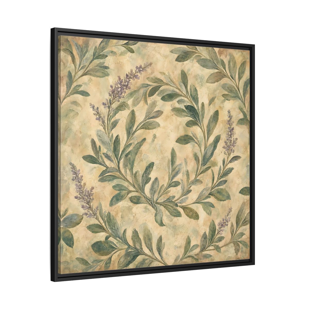 Side Mockup 30. Antique Fresco Painting Sage Stems With Soft Green Leaves shown as stretched canvas wall art