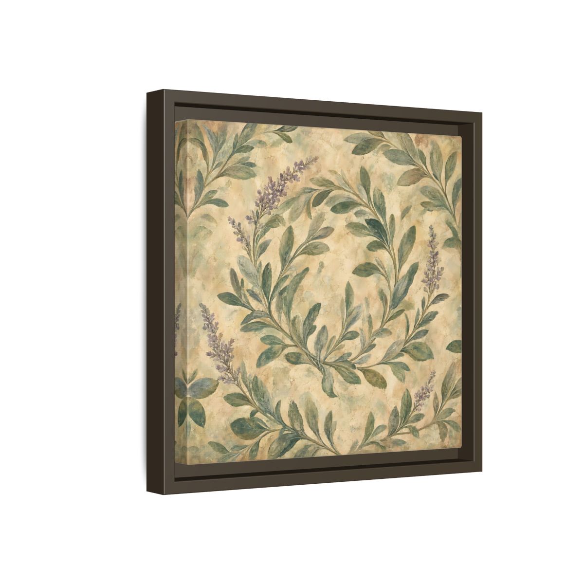 Side Mockup 17. Antique Fresco Painting Sage Stems With Soft Green Leaves shown as stretched canvas wall art