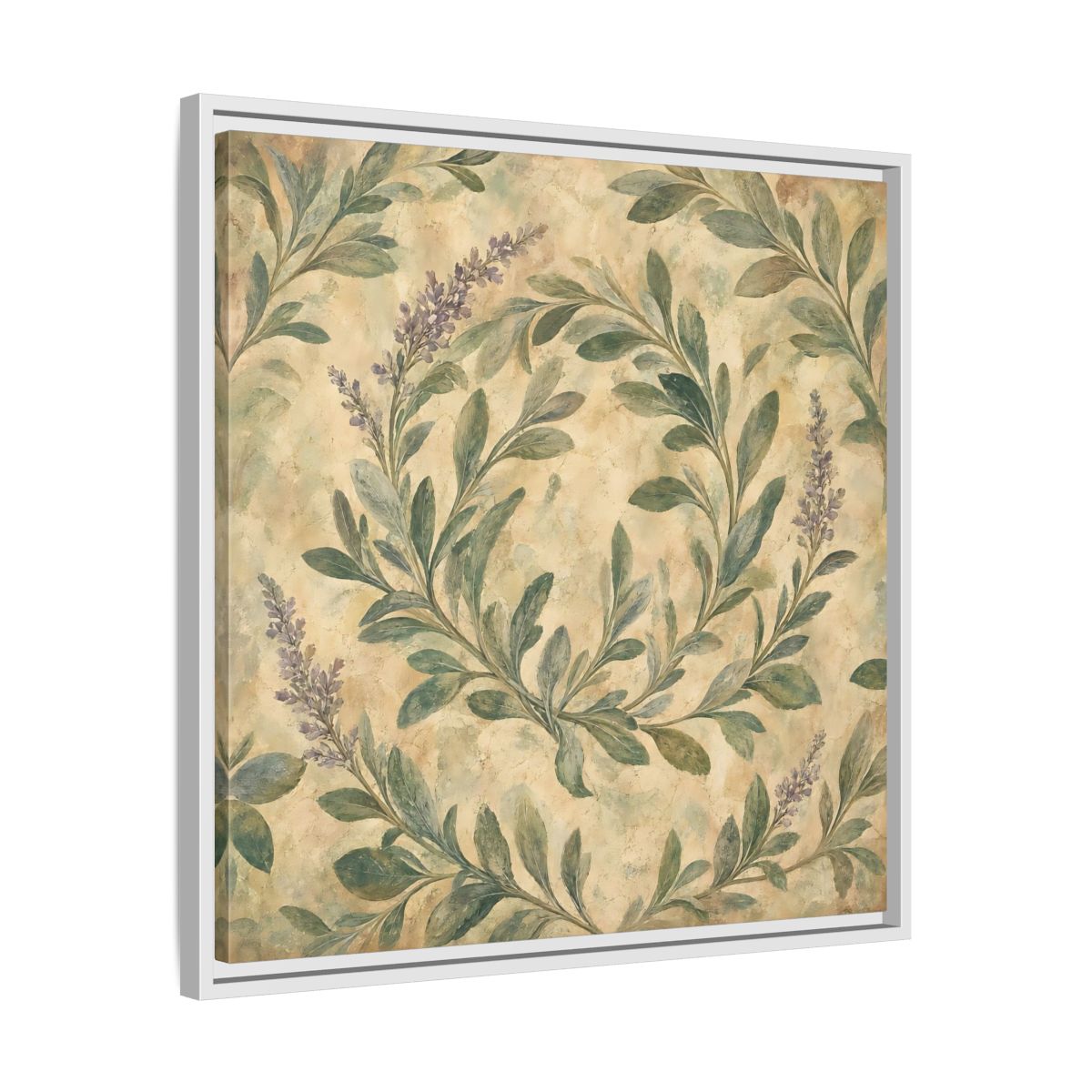 Side Mockup 26. Antique Fresco Painting Sage Stems With Soft Green Leaves shown as stretched canvas wall art