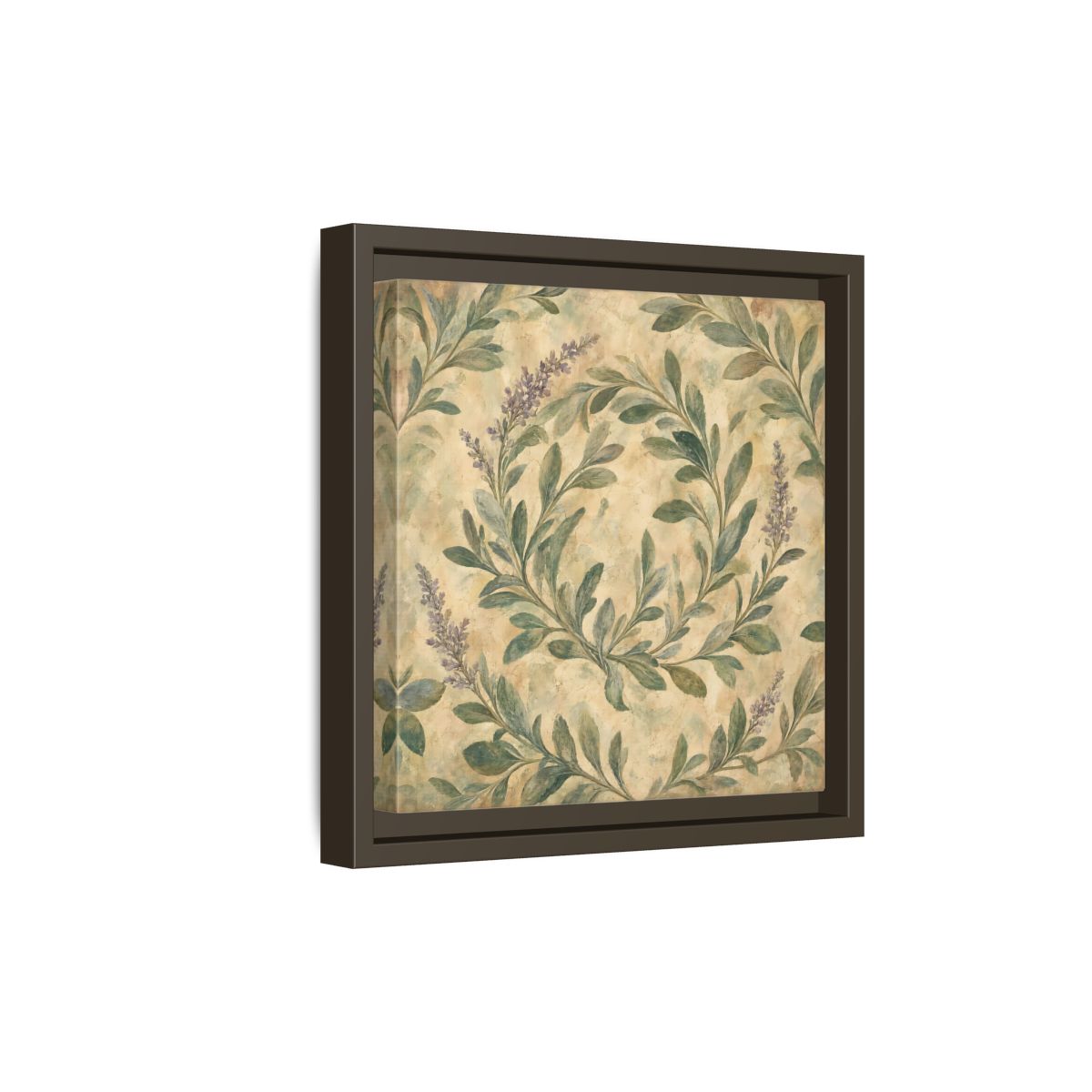 Side Mockup 20. Antique Fresco Painting Sage Stems With Soft Green Leaves shown as stretched canvas wall art