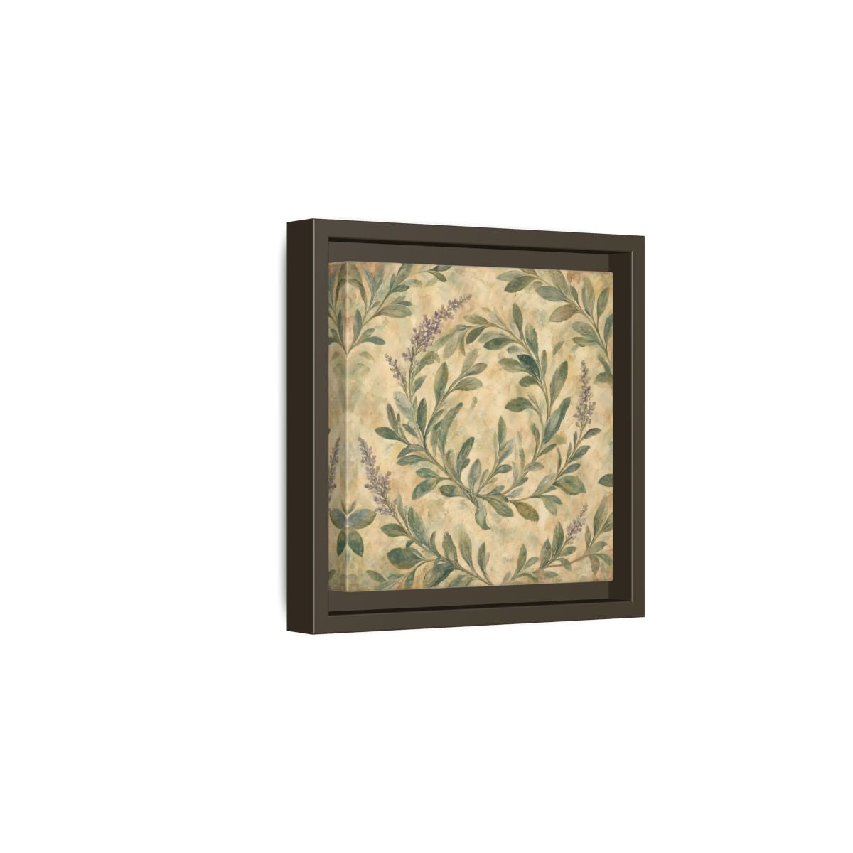 Side Mockup 2. Antique Fresco Painting Sage Stems With Soft Green Leaves shown as stretched canvas wall art
