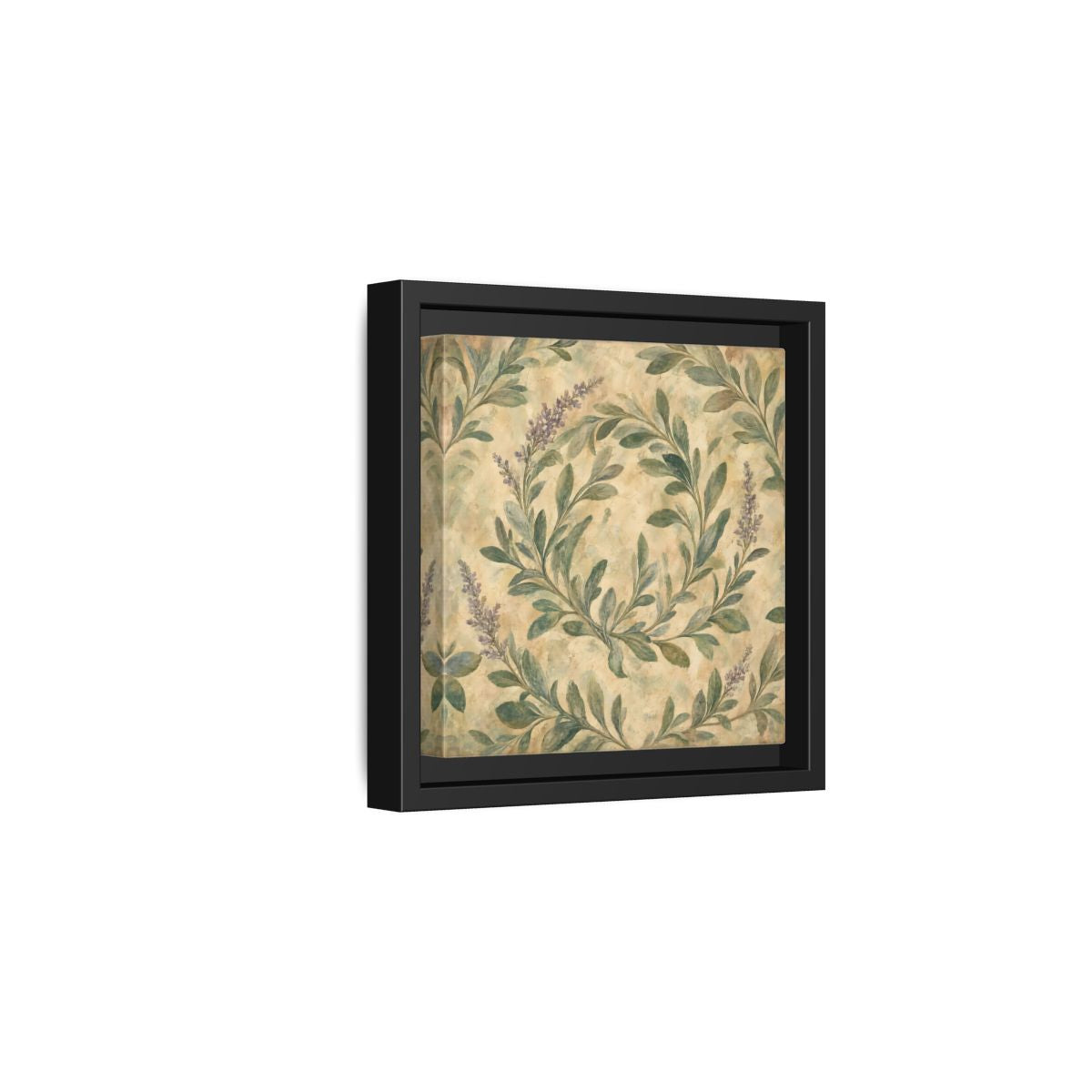 Side Mockup 3. Antique Fresco Painting Sage Stems With Soft Green Leaves shown as stretched canvas wall art