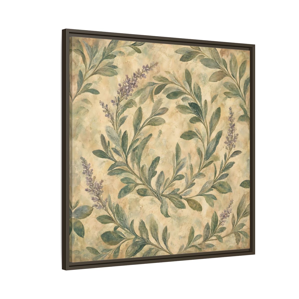 Side Mockup 8. Antique Fresco Painting Sage Stems With Soft Green Leaves shown as stretched canvas wall art