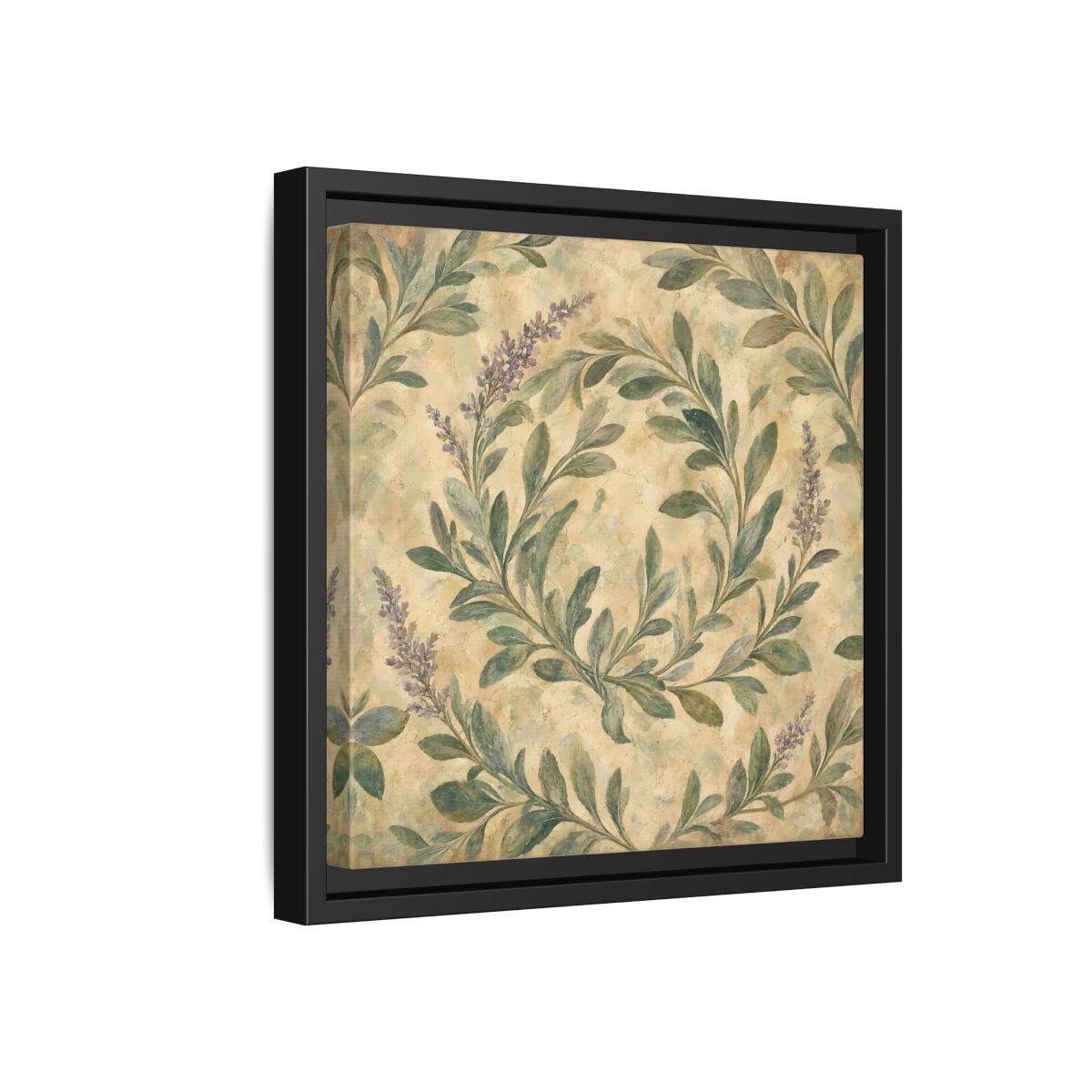 Side Mockup 18. Antique Fresco Painting Sage Stems With Soft Green Leaves shown as stretched canvas wall art