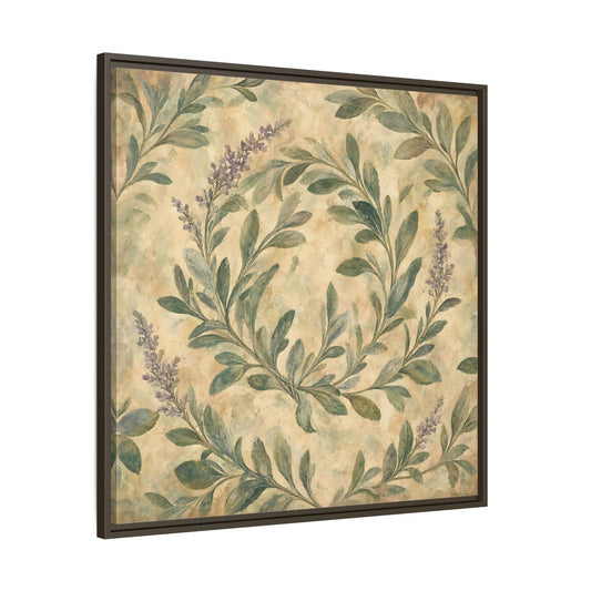 Main Mockup. Antique Fresco Painting Sage Stems With Soft Green Leaves shown as stretched canvas wall art