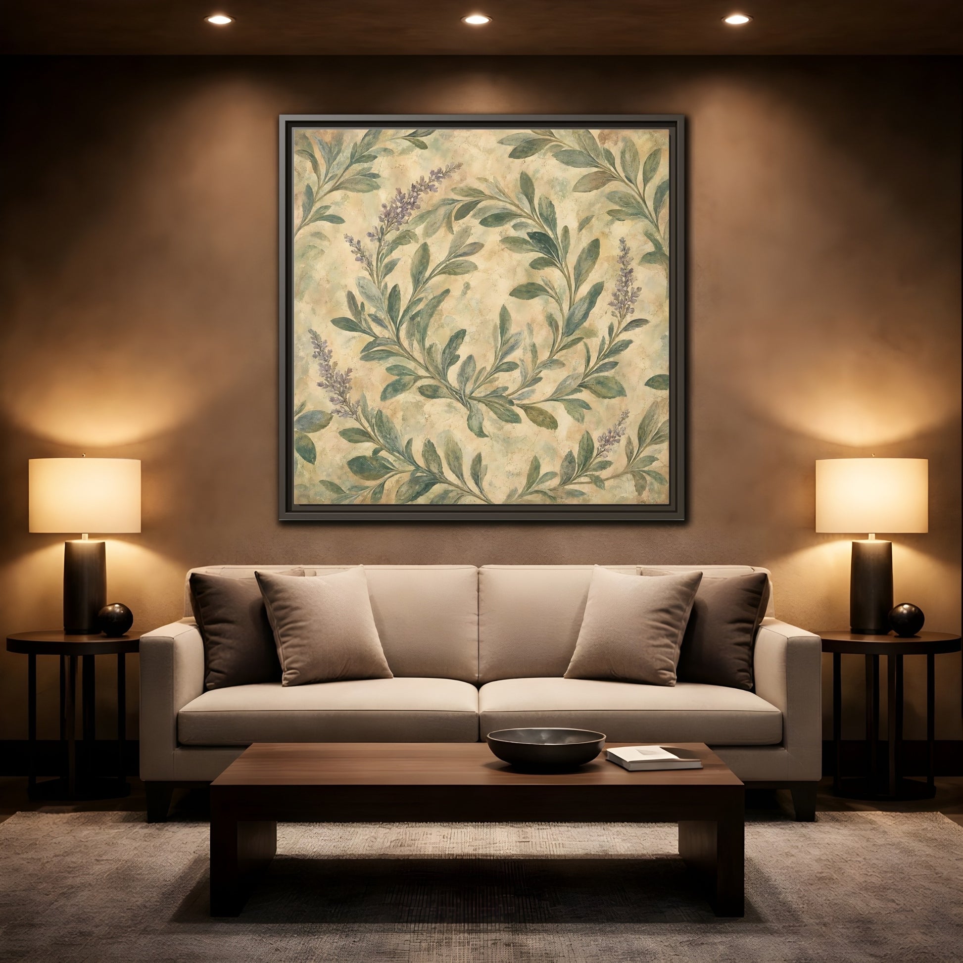 Mockup 2. Antique Fresco Painting Sage Stems With Soft Green Leaves shown as stretched canvas wall art