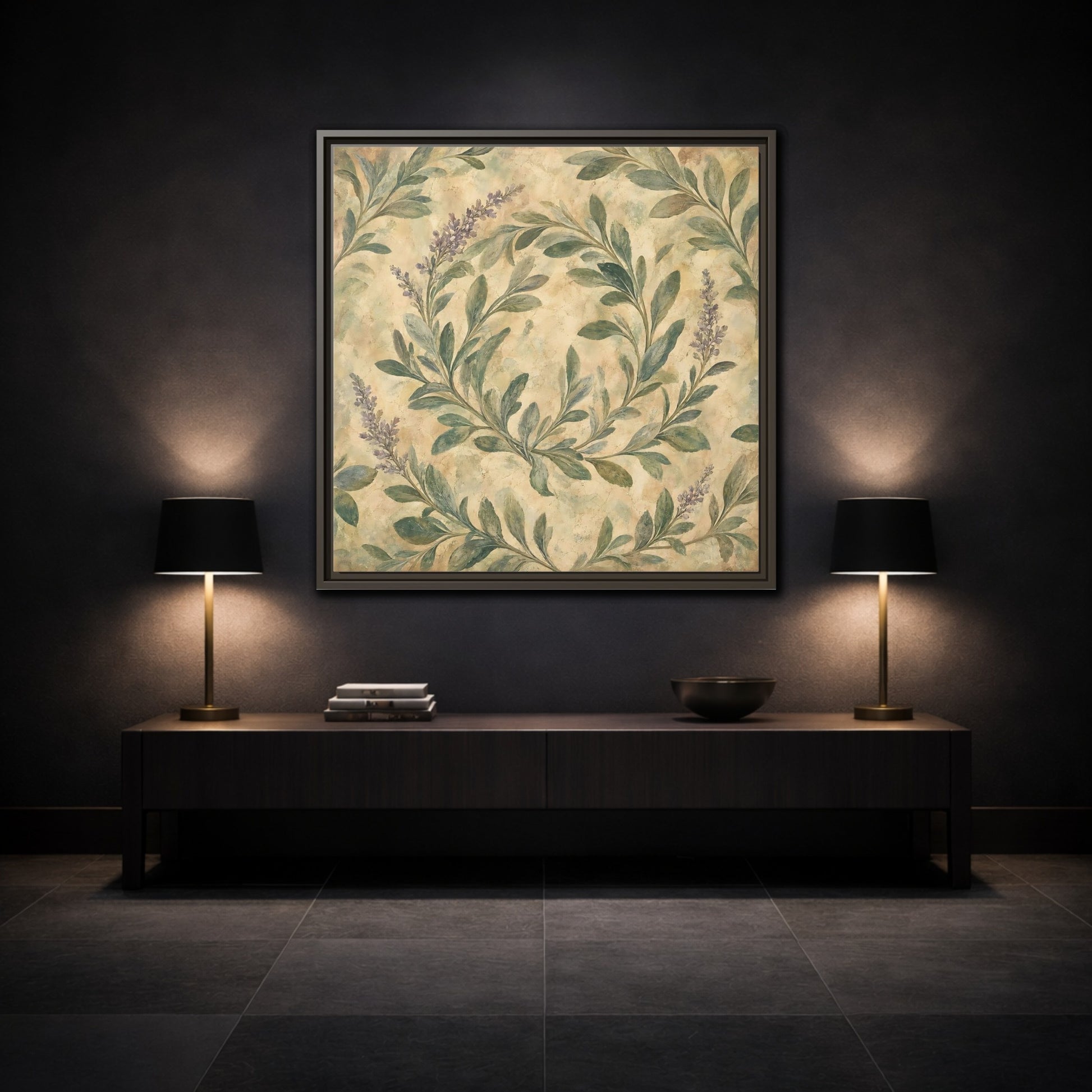 Mockup 3. Antique Fresco Painting Sage Stems With Soft Green Leaves shown as stretched canvas wall art