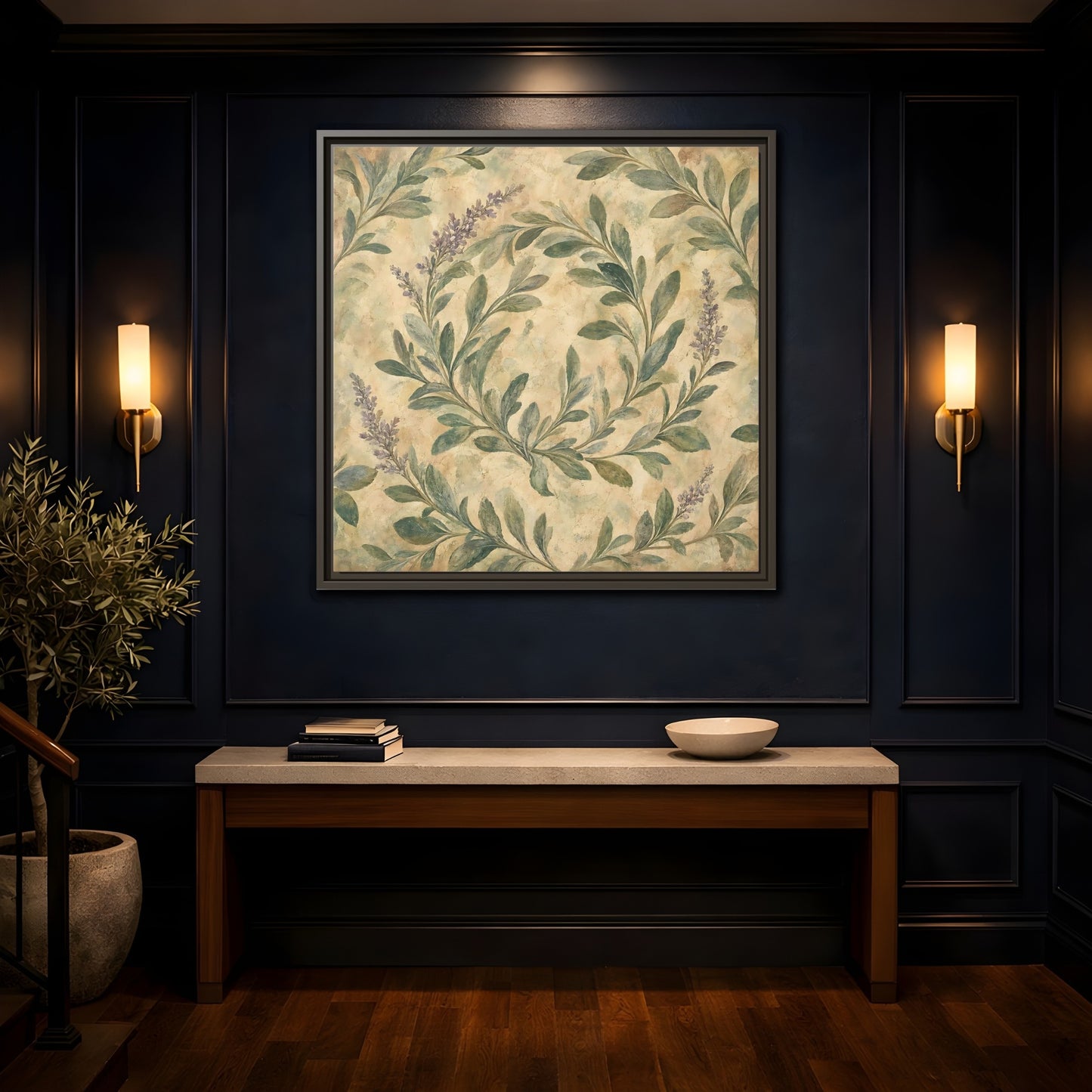 Mockup 4. Antique Fresco Painting Sage Stems With Soft Green Leaves shown as stretched canvas wall art