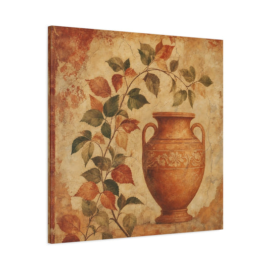 Main Mockup. Antique Fresco Painting Variegated Leaves Beside Clay Urn shown as stretched canvas wall art