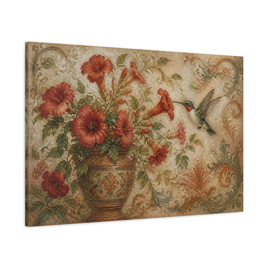 Main Mockup. Antique Hummingbird & Red Trumpet Flowers shown as canvas print