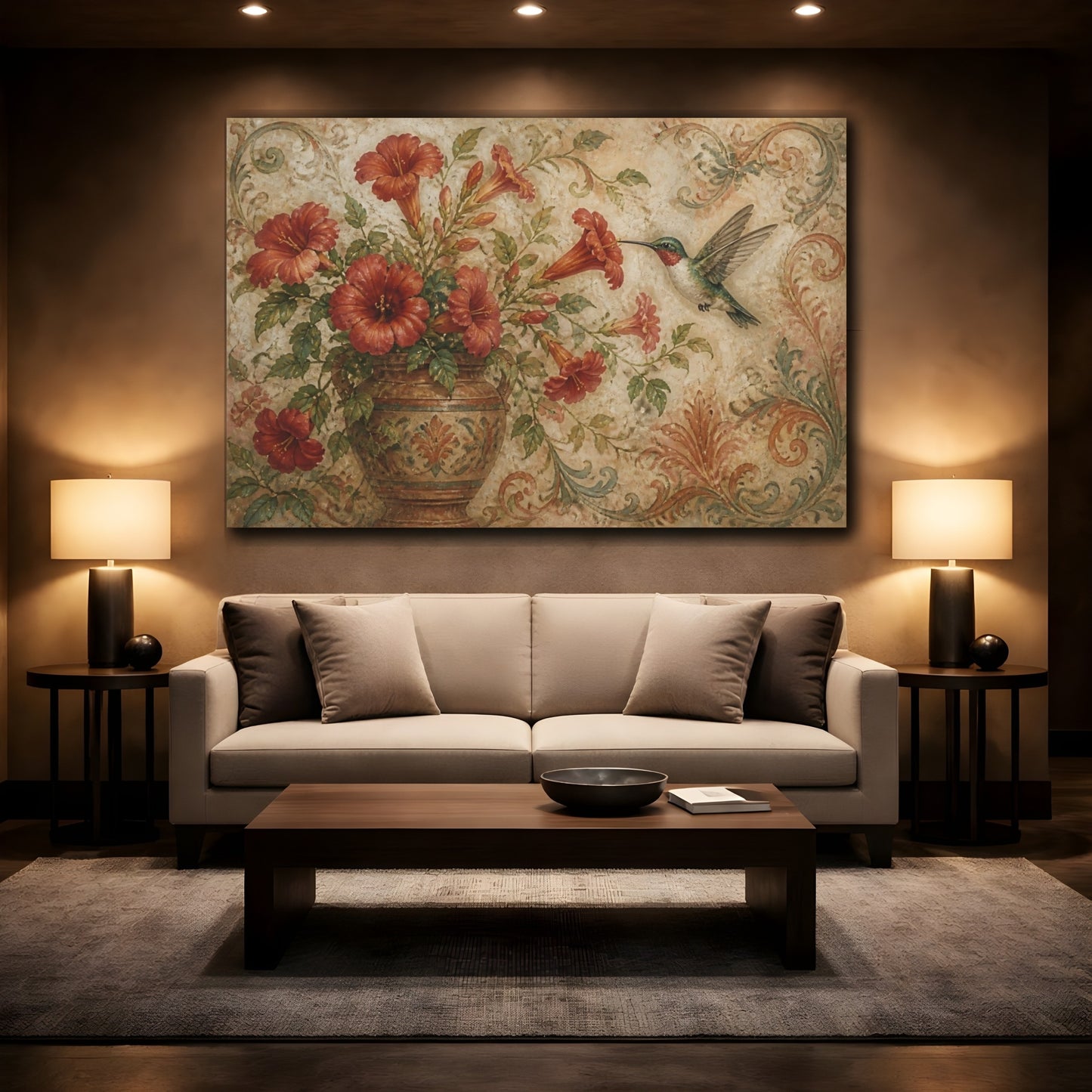 Mockup 2. Antique Hummingbird & Red Trumpet Flowers shown as canvas print