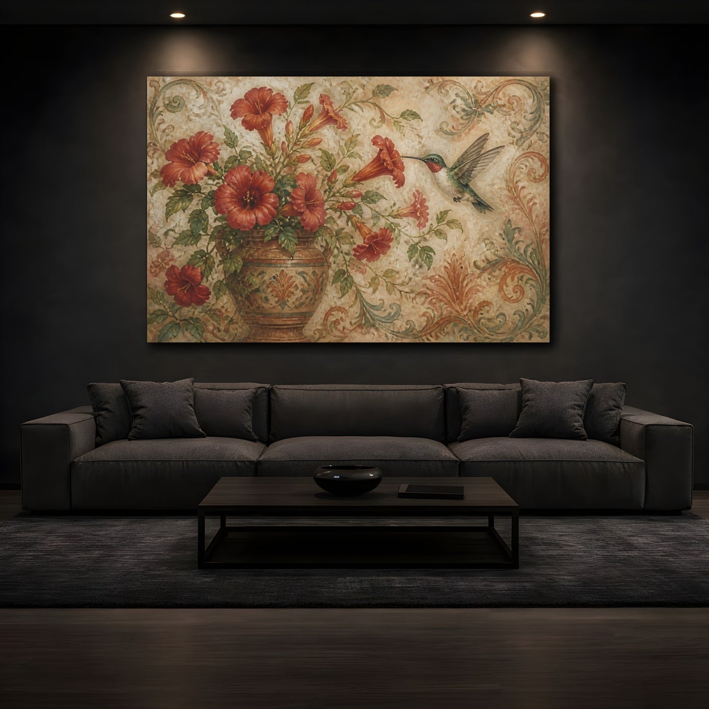 Mockup 3. Antique Hummingbird & Red Trumpet Flowers shown as canvas print
