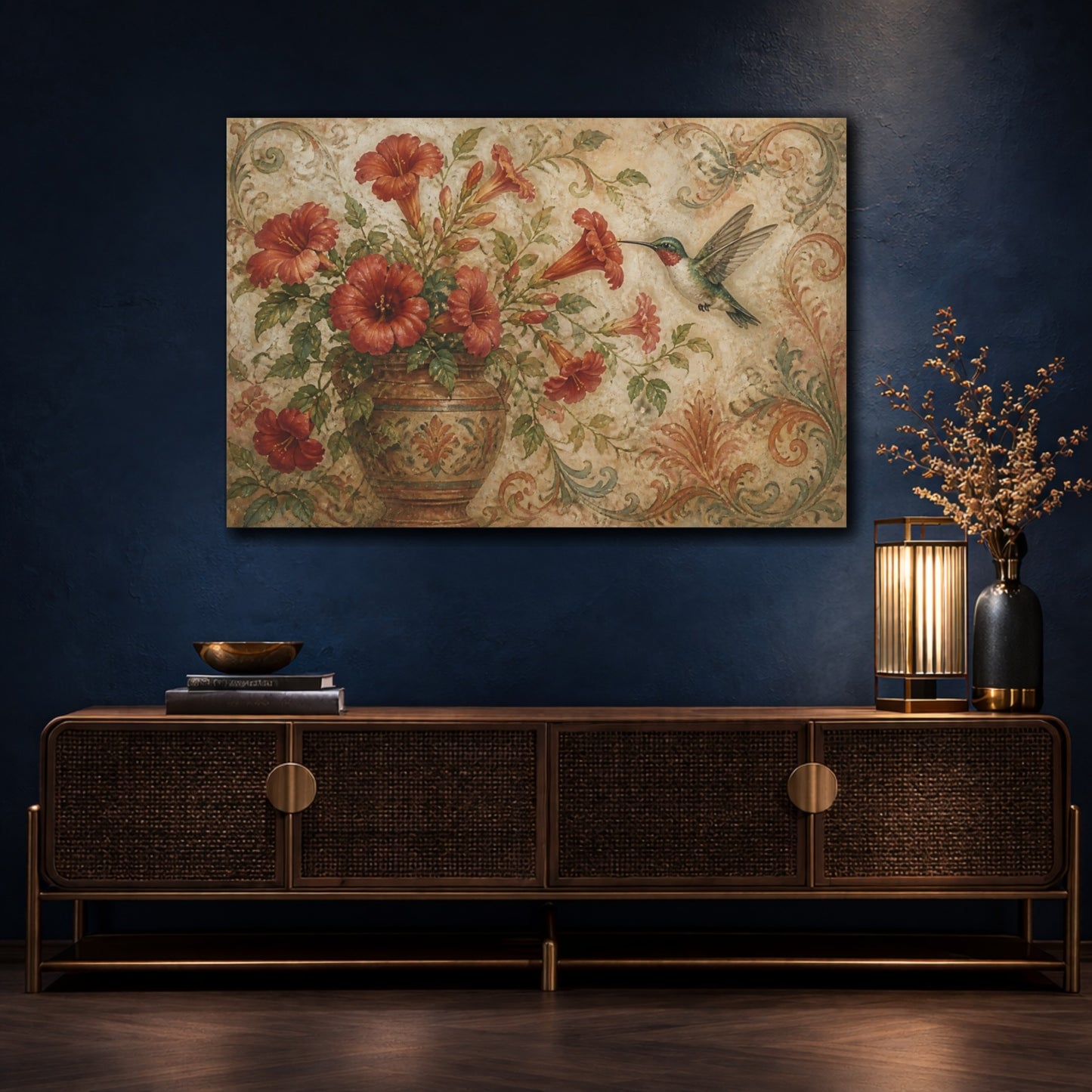 Mockup 4. Antique Hummingbird & Red Trumpet Flowers shown as canvas print