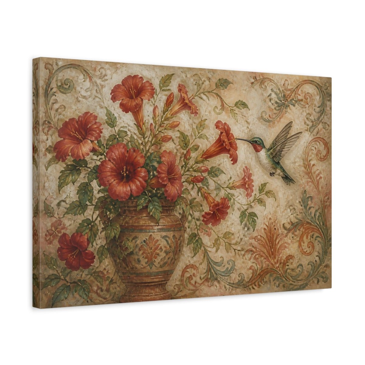 Side Mockup 3. Antique Hummingbird & Red Trumpet Flowers shown as canvas print
