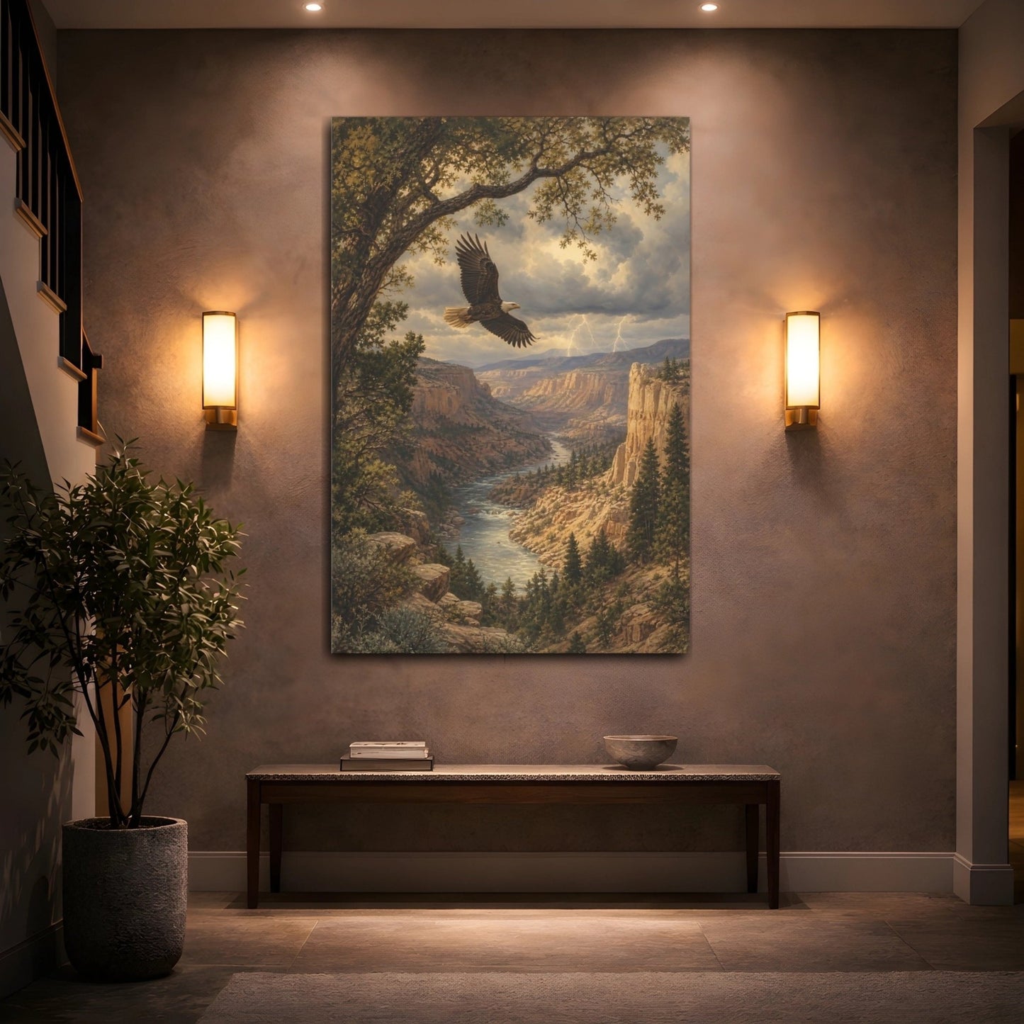 Antique Lithograph Landscape Illustration Eagle Over Canvas Print – Living Room, Large Wall - YesArtYes