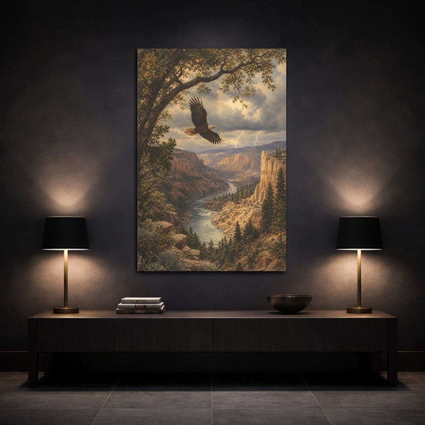 Antique Lithograph Landscape Illustration Eagle Over Canvas Print – Living Room, Large Wall - YesArtYes