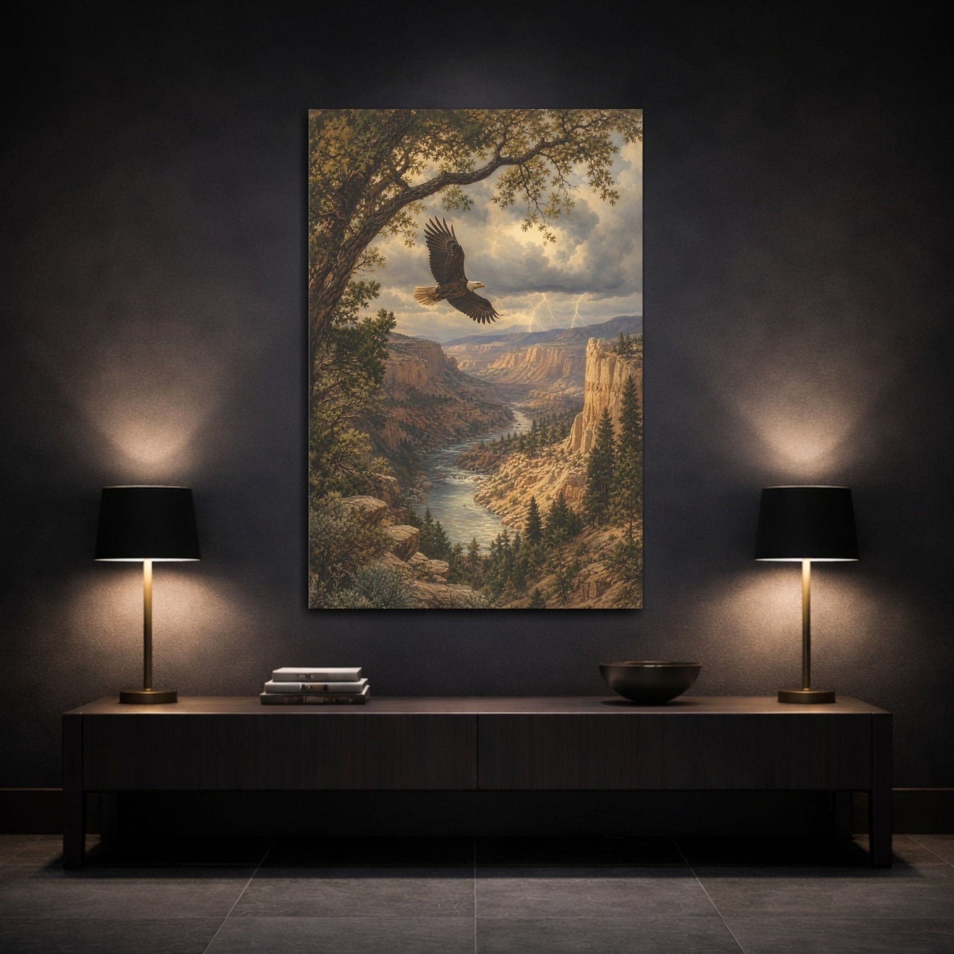 Antique Lithograph Landscape Illustration Eagle Over Canvas Print – Living Room, Large Wall - YesArtYes