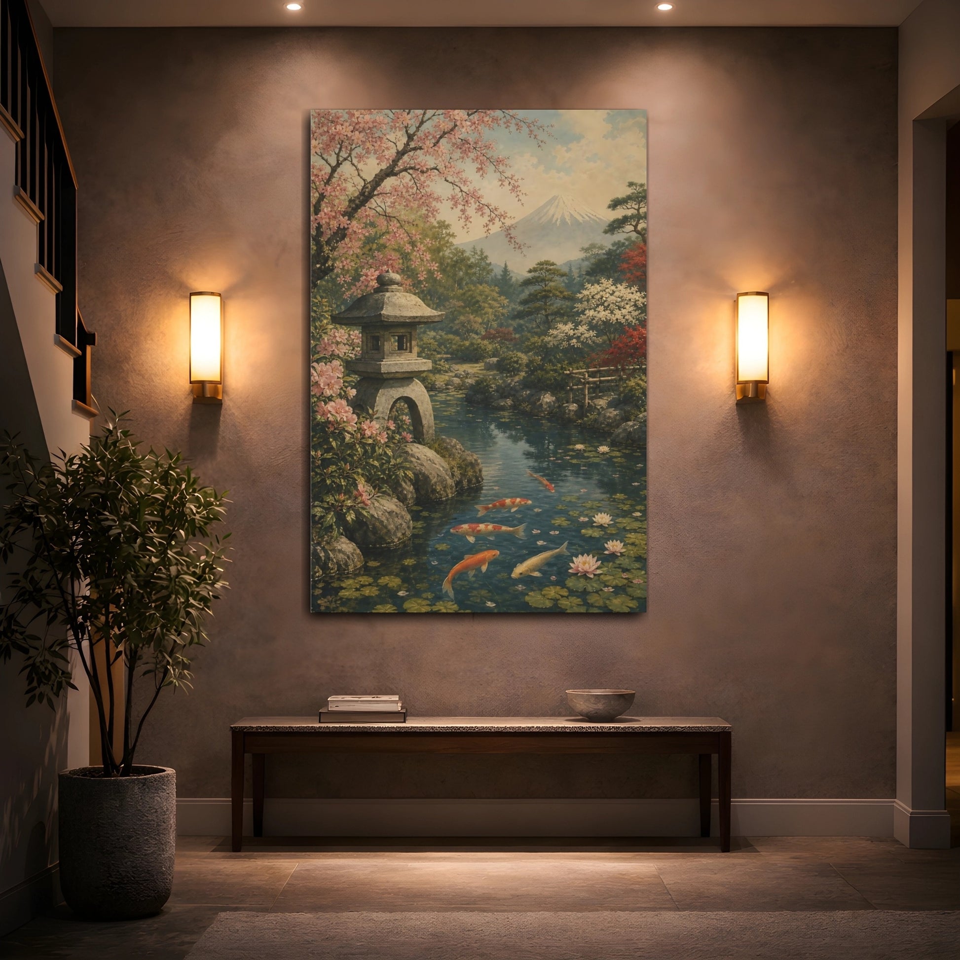 Mockup 2. Antique Lithograph Landscape Illustration Koi Pond Beside Stone Lantern shown as stretched canvas wall art