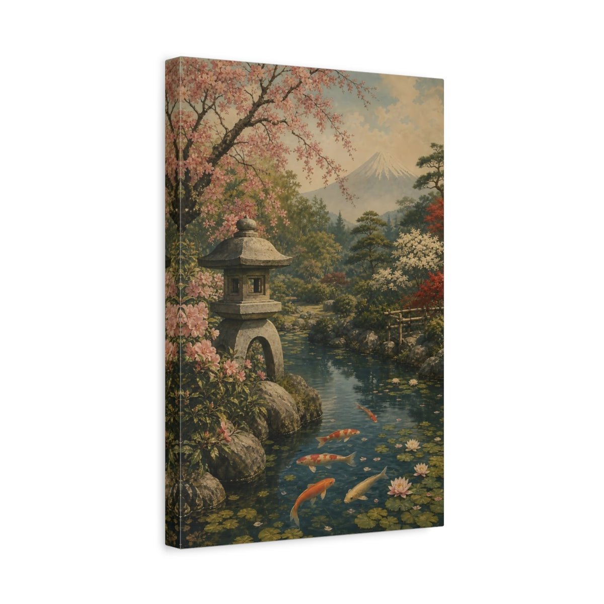 Antique Lithograph Landscape Illustration Koi Pond Canvas Wall Art Print – Traditional Living Room, Above Couch - YesArtYes