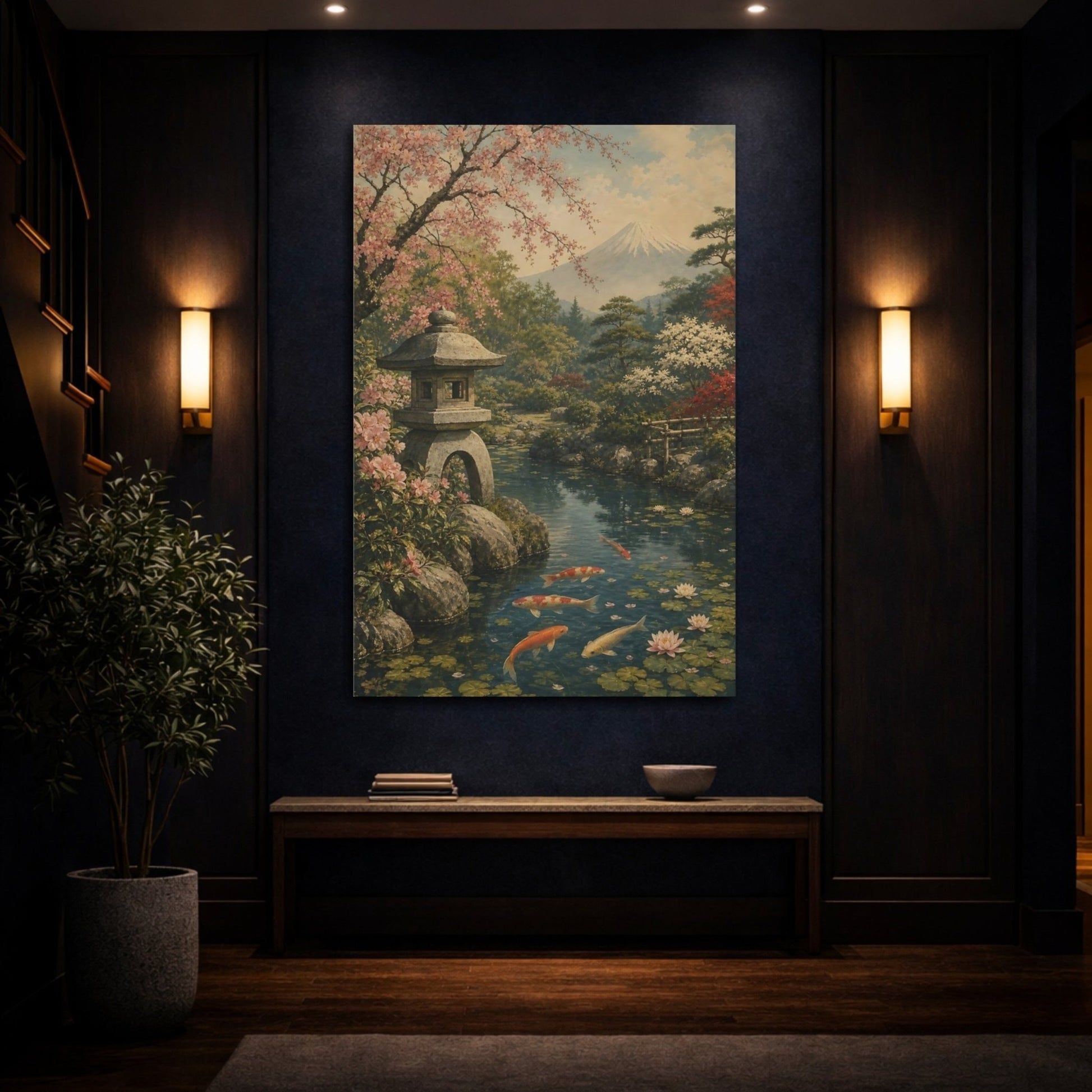 Antique Lithograph Landscape Illustration Koi Pond Canvas Wall Art Print – Traditional Living Room, Above Couch - YesArtYes