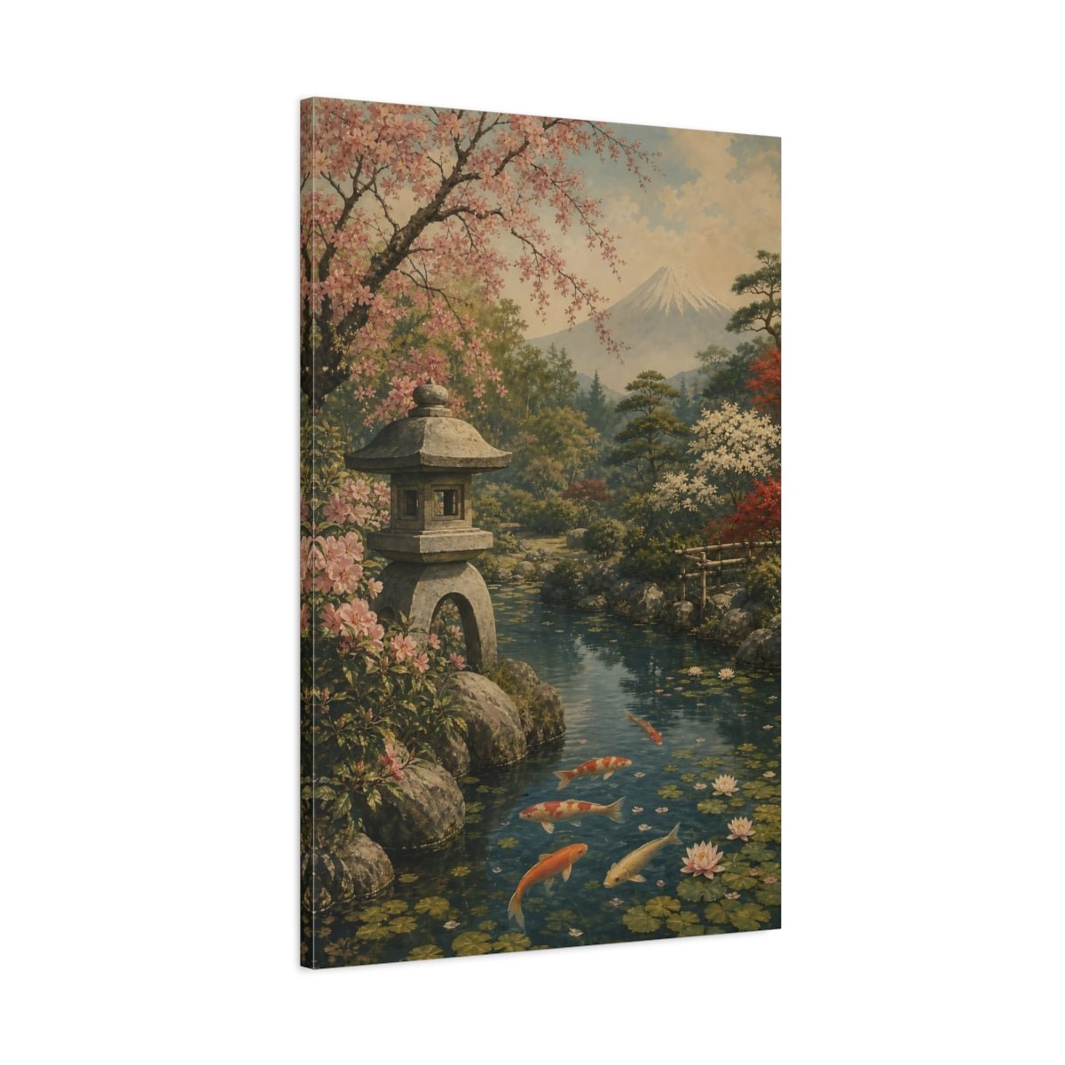 Antique Lithograph Landscape Illustration Koi Pond Canvas Wall Art Print – Traditional Living Room, Above Couch - YesArtYes