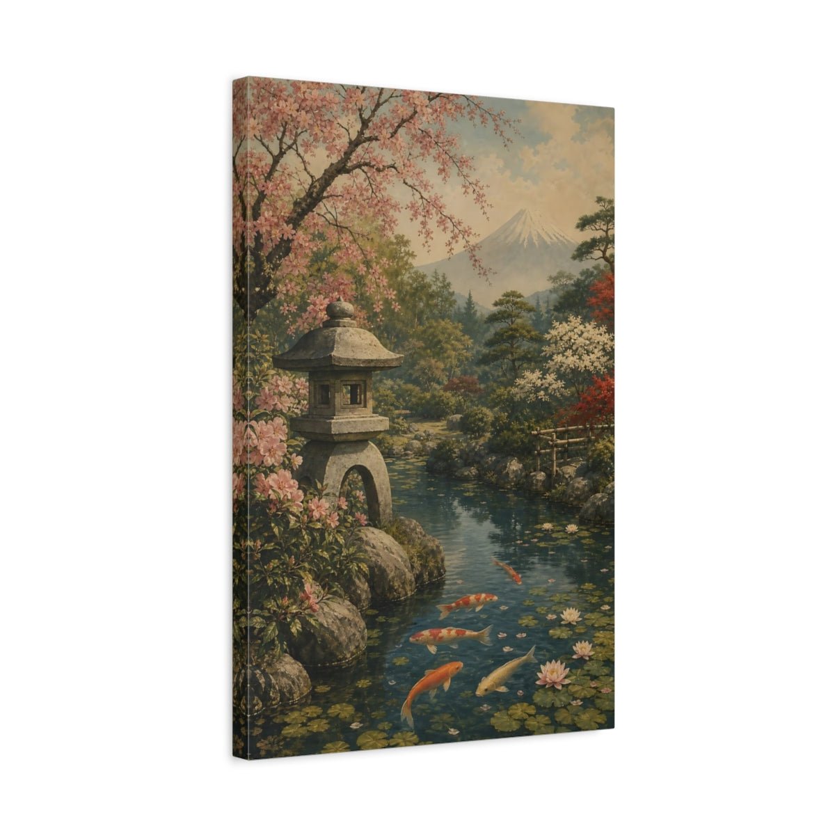 Antique Lithograph Landscape Illustration Koi Pond Canvas Wall Art Print – Traditional Living Room, Above Couch - YesArtYes