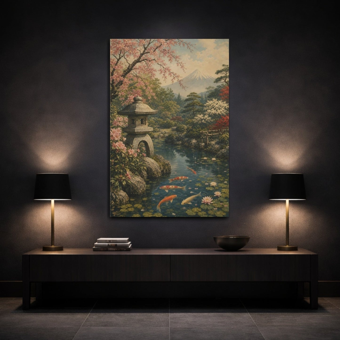 Antique Lithograph Landscape Illustration Koi Pond Canvas Wall Art Print – Traditional Living Room, Above Couch - YesArtYes