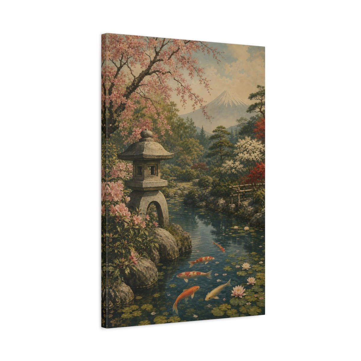 Antique Lithograph Landscape Illustration Koi Pond Canvas Wall Art Print – Traditional Living Room, Above Couch - YesArtYes