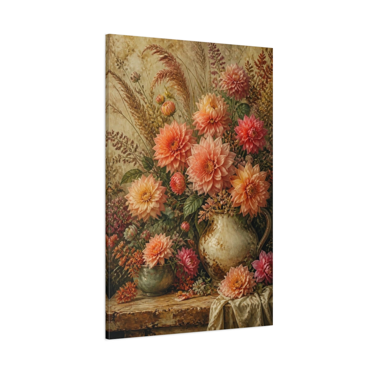 Side Mockup 1. Antique Peach Dahlia Bouquet shown as canvas print